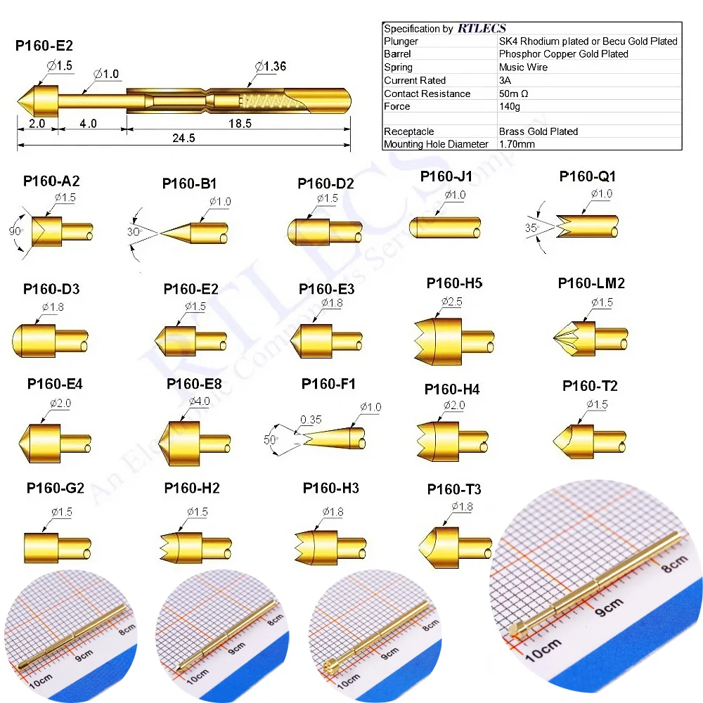 100 pz PCB nudo 2.54 sonda di prova a molla passo P160 Pogo Pin 24.5 MM lunghezza 1.36MM diametro stili di punta placcati oro da ordinare