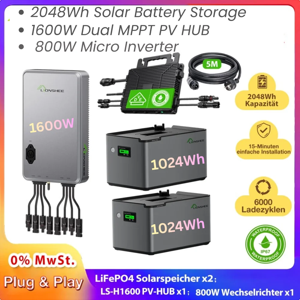 2048Wh Balkon-Solarspeichersystem-Kit mit 1600W Dual MPPT PV HUB und 800W Mikro-Wechselrichter, Plug & Play Balkonkraftwerk Energiespeicher