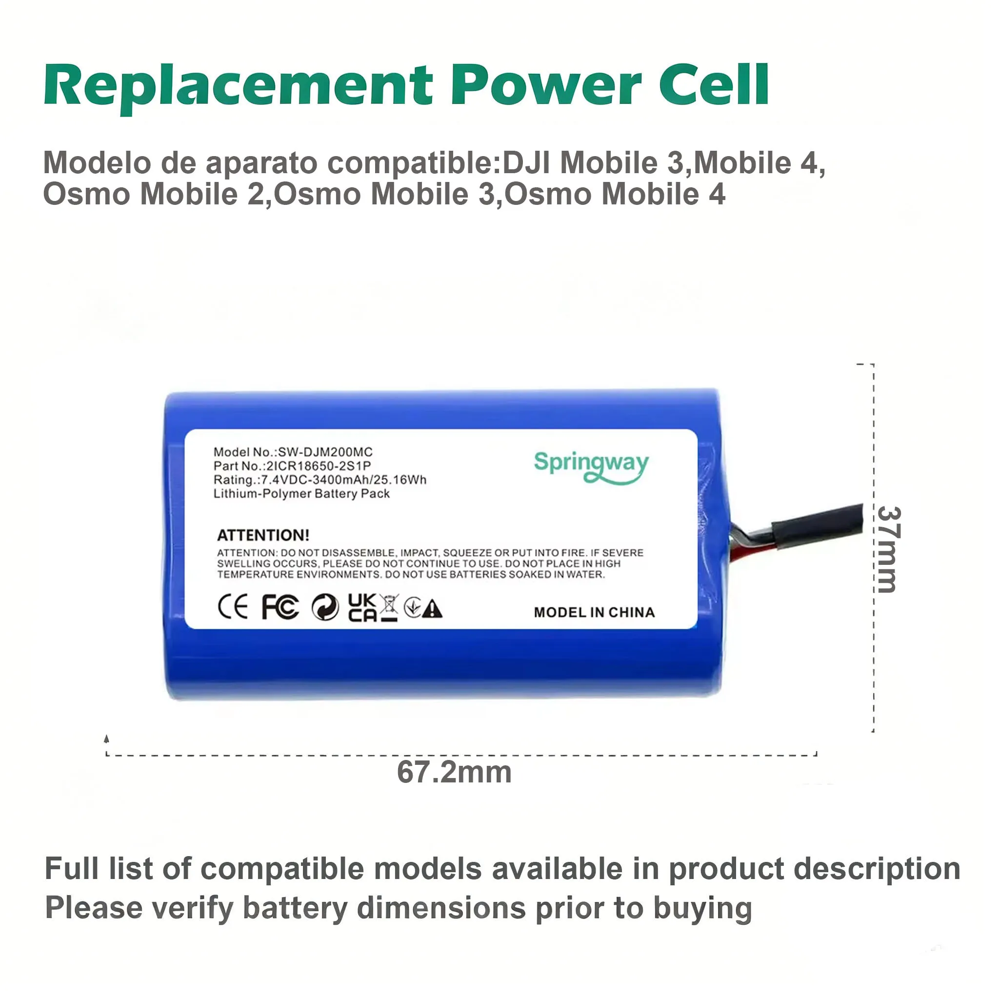 3400mAh Projector Battery 2ICR18650-2S1P for DJI Osmo Mobile 2, Osmo Mobile 3, Osmo Mobile 4
