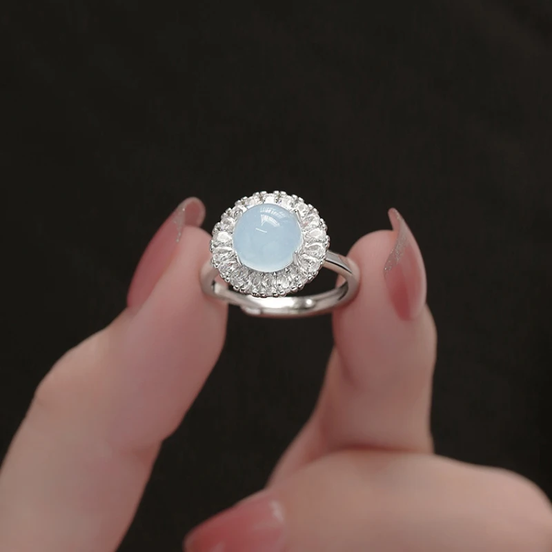 New in Fresh Natural Ice chalcedony rings for women Diamond inlay High Grade Round Ring Adjustable Simple Party Jewelry Gift