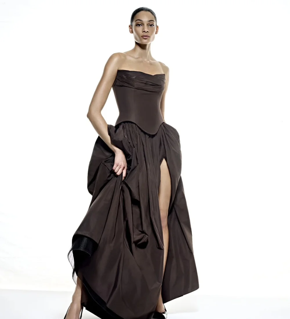 

Customized Sizes Available Modest Pleat Ruched Draped A-line Strapless Floor-Length Evening Dresses For Birthday Party