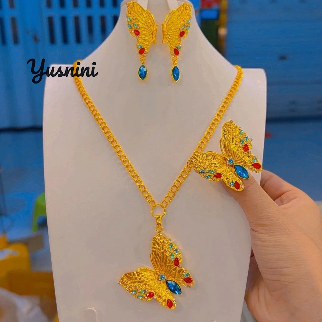 

New European Dubai Fashion 24K Gold Plated Necklace Earrings Rings Delicate Engagement Party Jewelry Set for Beloved DD11044