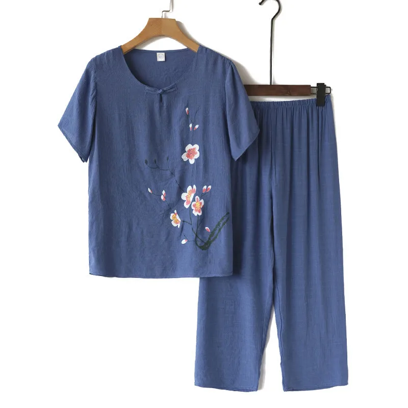 Conjunto pijama de linho de algodão feminino, pijamas soltas, camiseta manga curta, roupa florida, vovó, 2 peças, verão