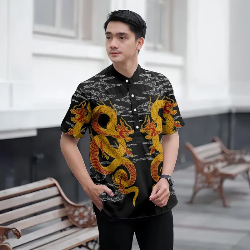 Camicia Koko Kurta da uomo Camicia Ramadan Raya 2025 Colletto alla coreana Tessuto ampio e traspirante e confortevole Modello stampato in 3D Manica corta