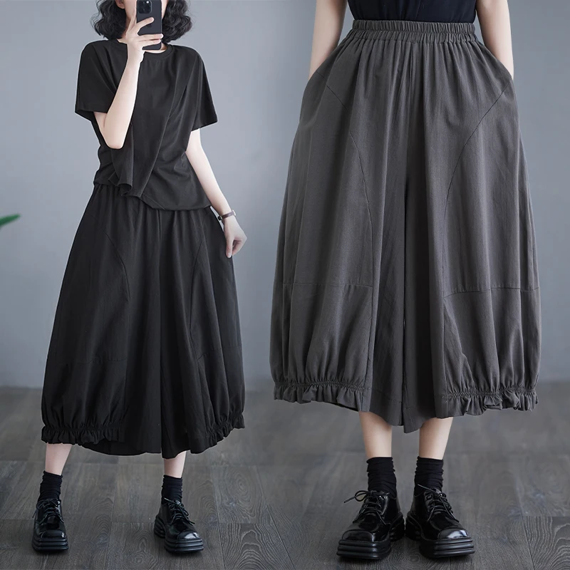 

Ele японские плиссированные повседневные брюки, женские свободные драпированные шаровары, универсальные широкие брюки с высокой талией, асимметричные