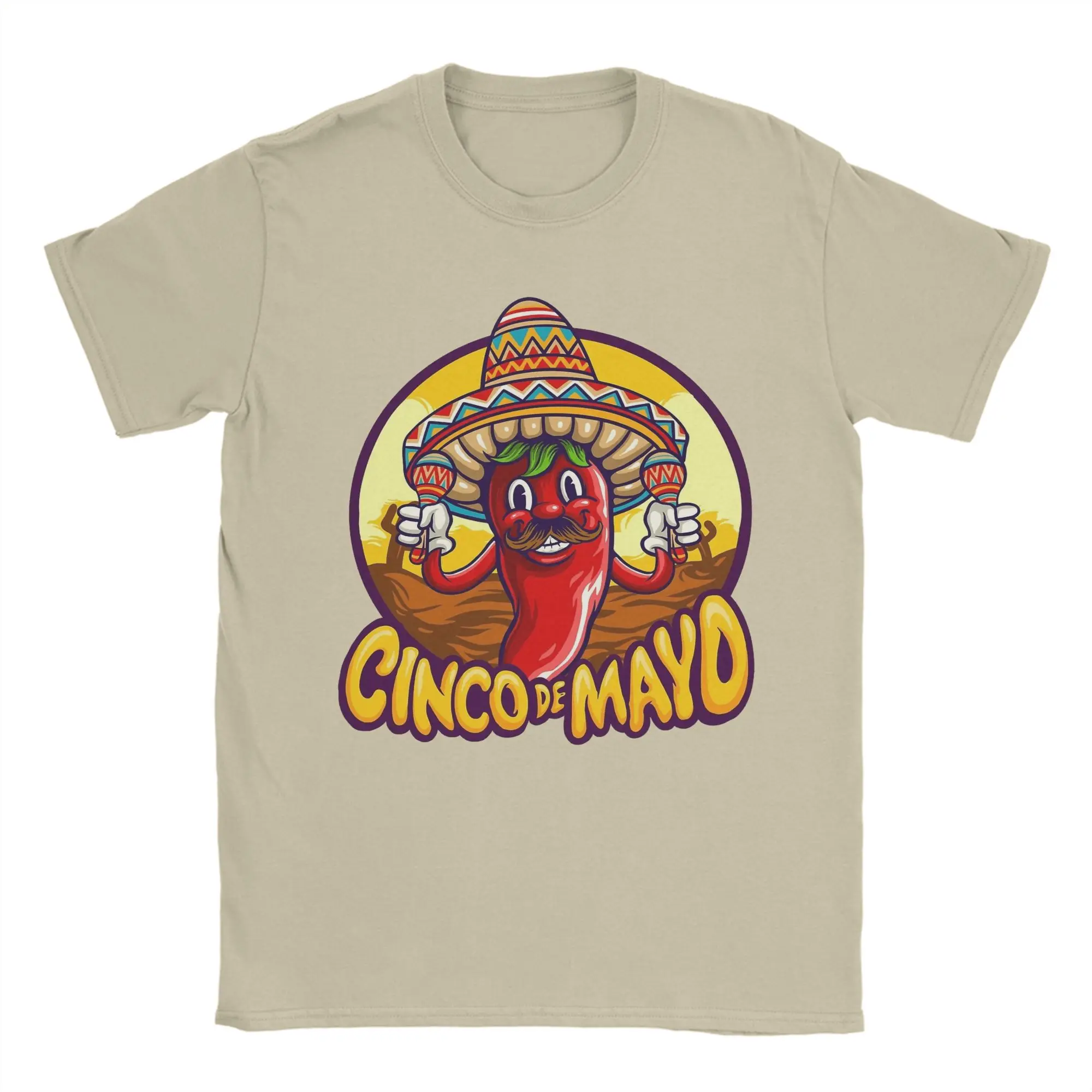 Camiseta de hombre de algodón divertida con estampado de Cinco de Mayo, chiles mexicanos y maracas, de manga corta y cuello redondo, tallas grandes