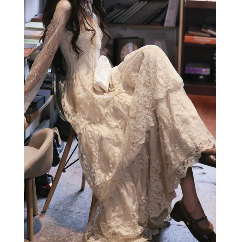 Elegante luxo vintage três camadas torre rendas vestido de festa cerimônia vestido plissado com decote em v longo grande bainha vestidos para mulher 2025