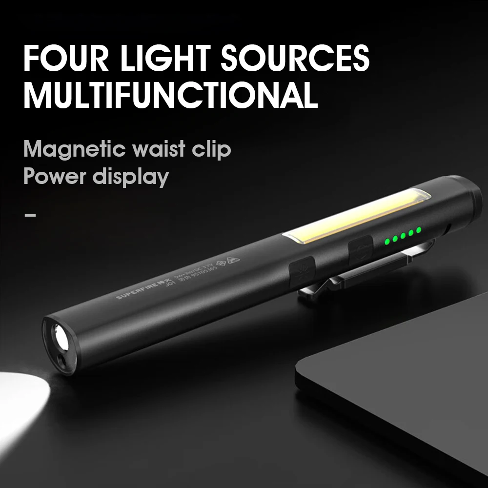 SUPERFIRE Rechargeable EDC Flashlight 4 In 1 (COB/LED/UV/RED) Magnetic Pen Flash Light Mini Torch with Stepless Dimming Lantern