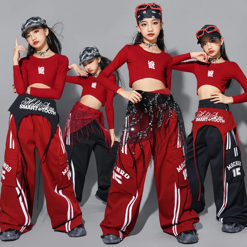 

Костюм для уличных танцев в стиле хип-хоп для девочек, топ с длинными рукавами, свободные брюки, групповые комплекты одежды для современных танцев, наряд для джазовой сцены