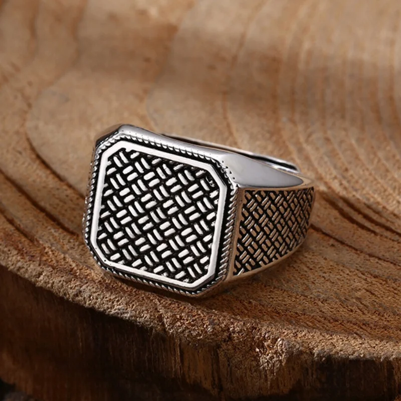 S925 Sterling Silver Charms Rings for Men Women Retro Creative Weaven Pattern Square New Fashion Punk Jewelry   ﻿