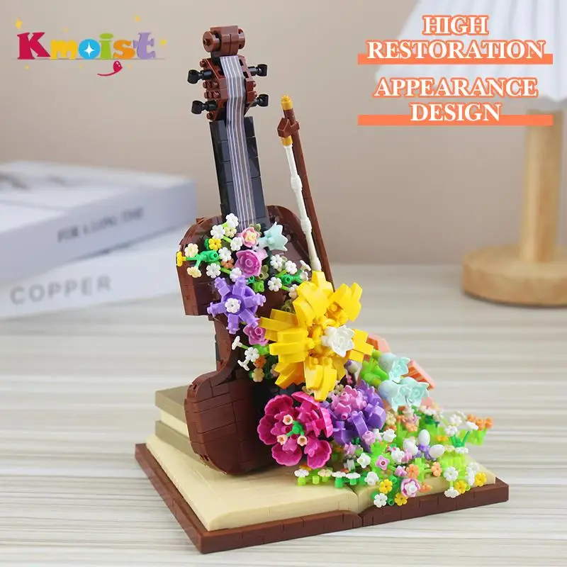 

Violin Building Blocks Eternal Flower Toy Decoration DIY Flower Model Musical Instruments Building Bricks Blocks Creative Gifts