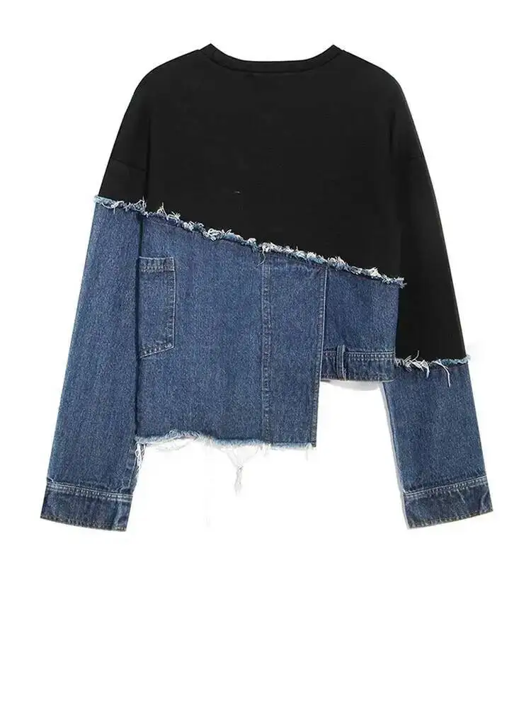 Burr Denim Loose Fit Split Asymmetrical Sweatshirt New Round Neck Long Sleeve Women Big Size Fashion Spring 2026 1TC3S