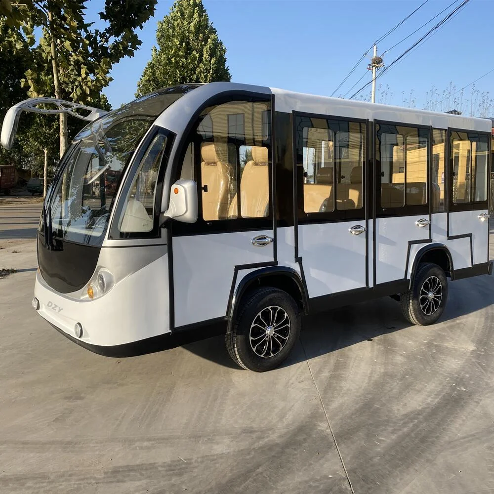 A classic electric sightseeing shuttle bus powered by batteries that can accommodate 14 passengers