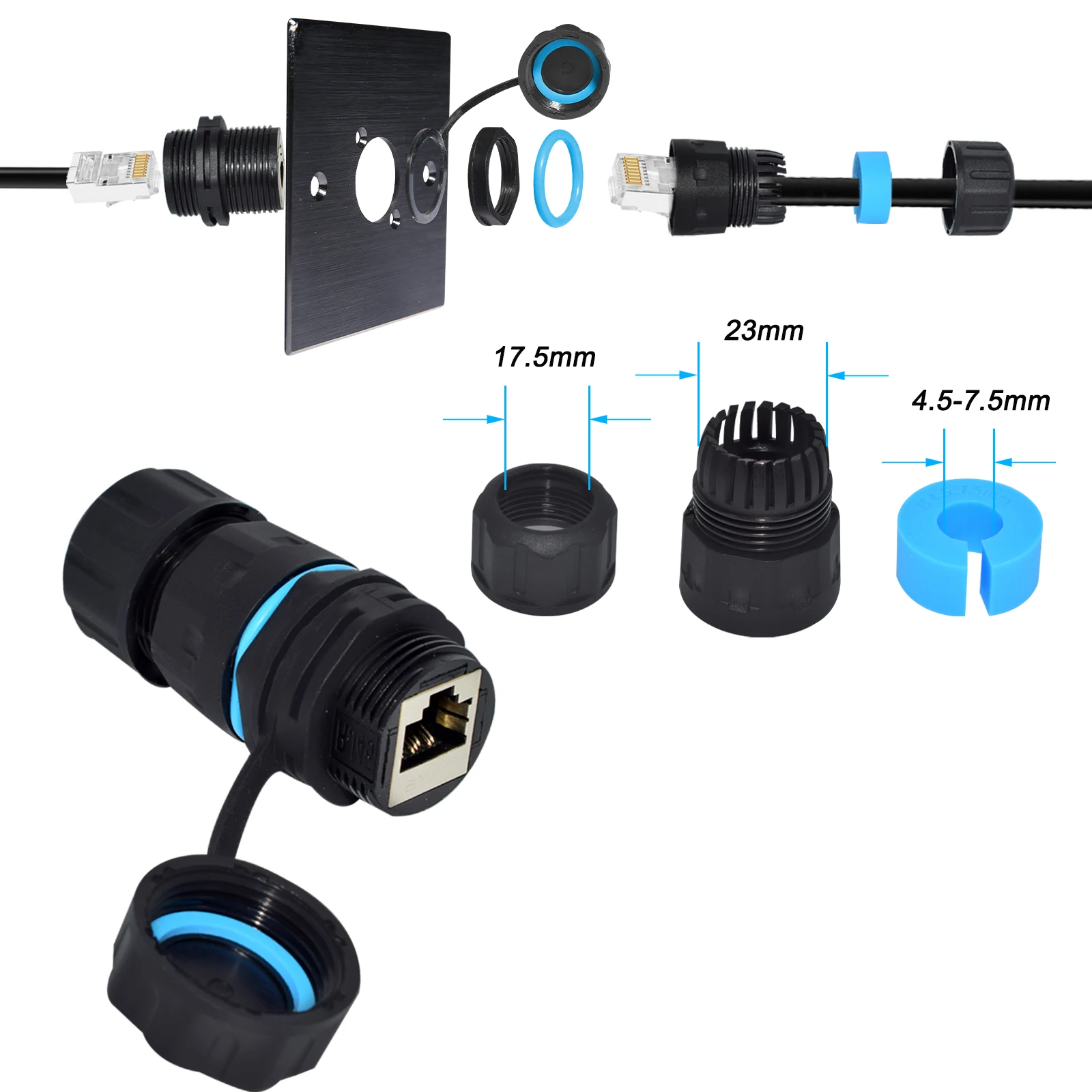 IP68 Mini Short Shielded Waterproof RJ45 Ethernet Female Connector STP CAT6  Industrial LAN Network Cable Adapter