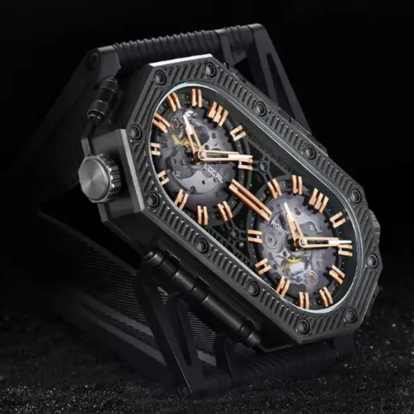 

CRONUSART Мужские автоматические часы 50 мм * 29 мм Механические наручные часы Фторкаучуковый ремешок Двойной часовой пояс Циферблат Сапфир