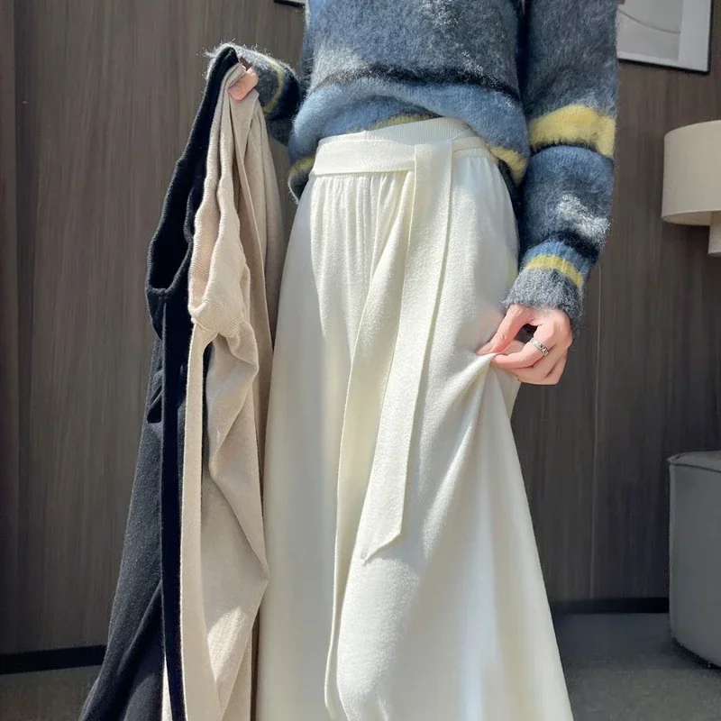 2026 Autumn Winter High Waist Figure Flattering Lazy Drape Casual Versatile Trousers Korean Tie Waist Women Knit Wide Leg Pants