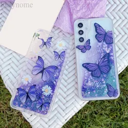 Butterfly Case For Samsung Galaxy A15 A55 A35 A25 A54 A34 A14 A53 A24 A52 Purple Liquid Glitter Quicksand Flower Bling TPU Cover