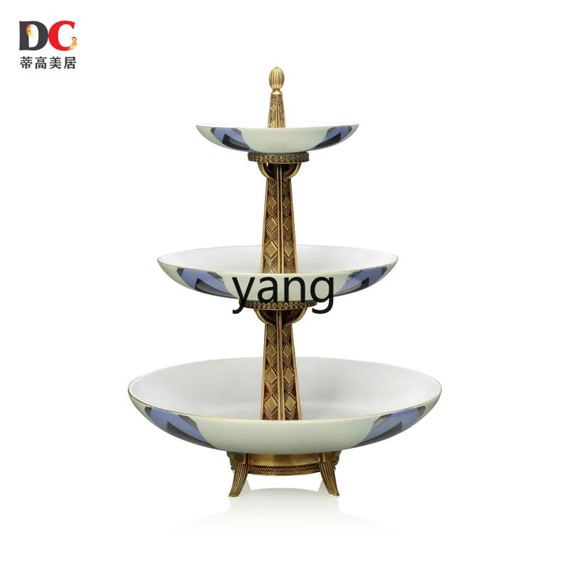 

lmm Hand Painting Three-Layer round Fruit Plate Ceramic with Copper Home Decorations and Accessories