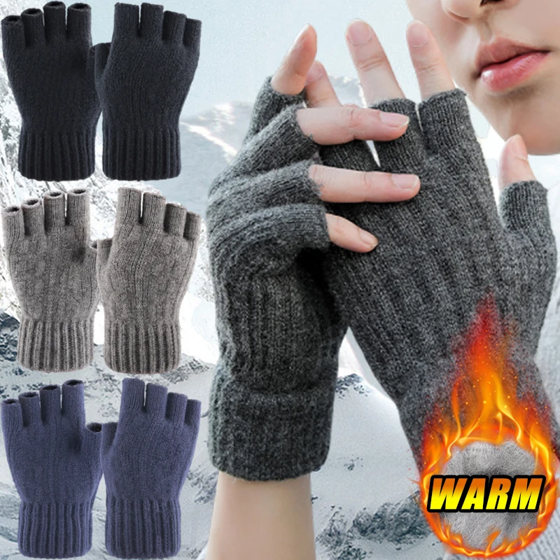 

Winter Gloves For Men Half Finger Writting Office Cycling Knitted Gloves Students Alpaca Wool Warm Thick Elastic Driving Gloves