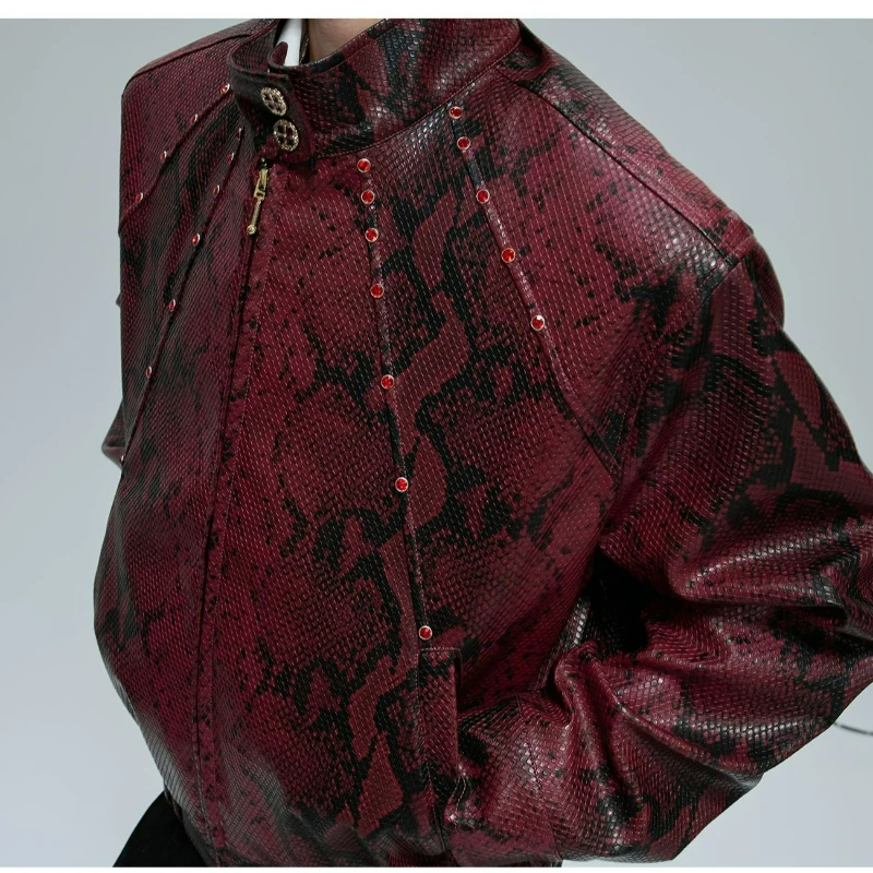 Una chaqueta corta de cuero con cuello alto y adorno de piedras preciosas para hombres primavera otoño 2026 con un sentido de diseño único