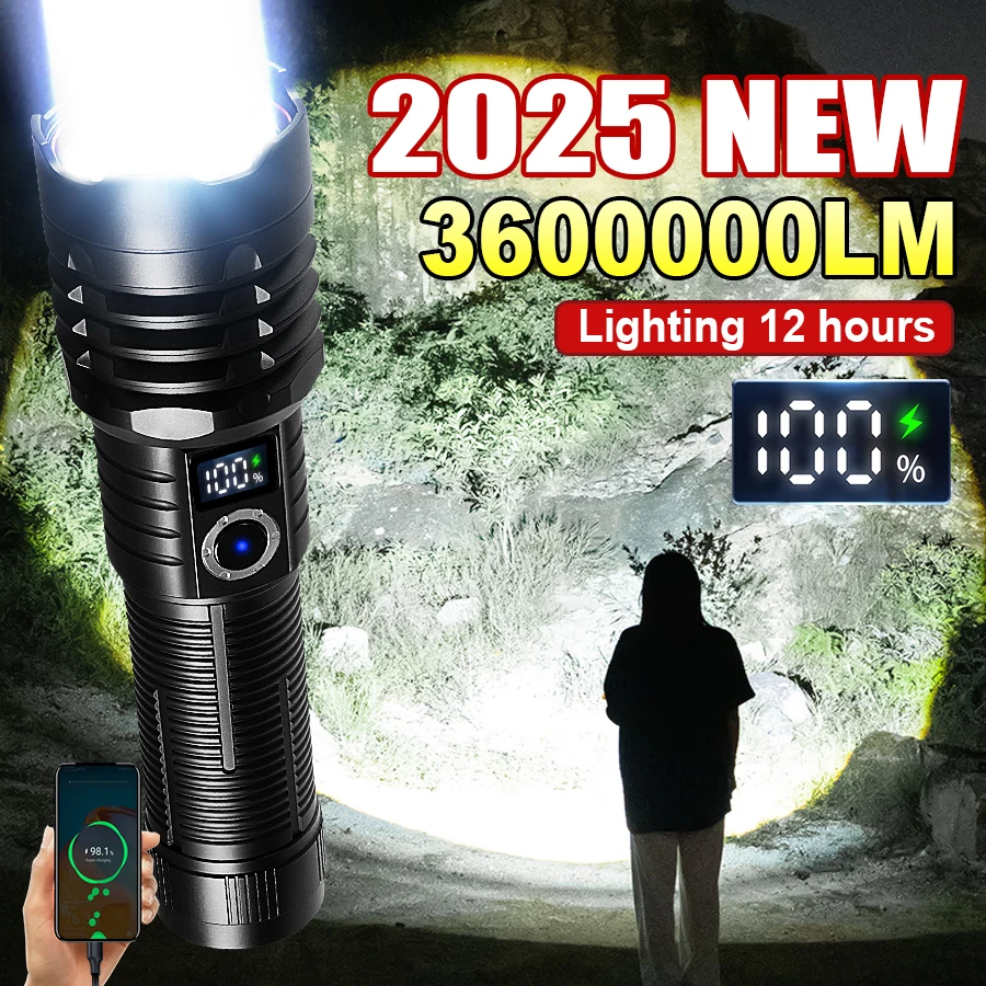 

3600000ЛМ Сверхяркий фонарь, Высокомощный портативный перезаряжаемый тактический фонарь дальнего действия для рыбалки и кемпинга