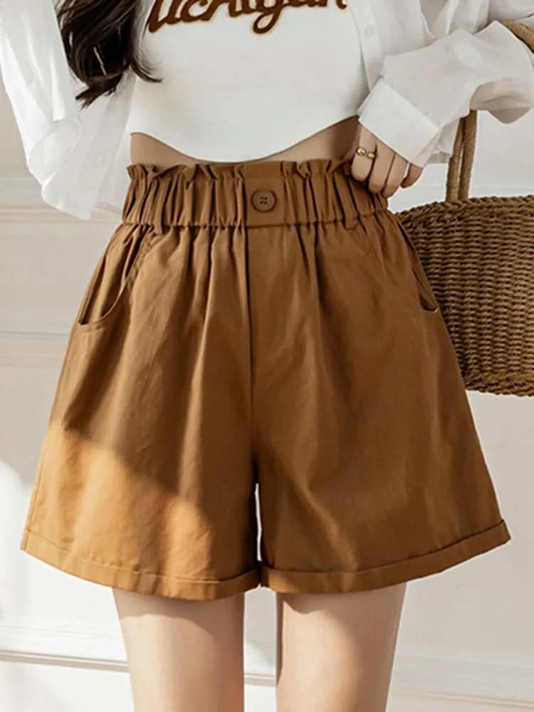 

High Waist Casual Women Shorts New Arrival 2022 Summer Fashion Elastic Waist Solid Color Comfortable Cotton Shorts W1108