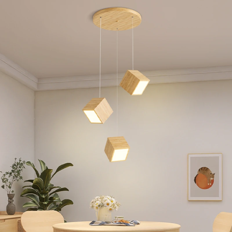 Creative Wood Cube Hanging Light Long Bar Counter Dining Room Lamp Bedroom Bedside Home Decor Nordic Small Cube Pendant Lights