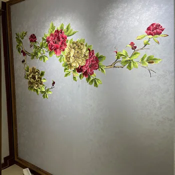 Single embroidery peony flower embroidery wall covering TV background bedroom bedside single show wall covering seamless