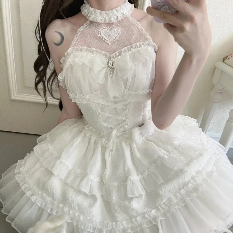 جديد اليابانية القوطية لوليتا الأميرة النساء Kawaii الدانتيل الكشكشة القوس ضمادة سليم حفلة 2025 الفتيات Y2k أنيقة لطيف فستان قصير