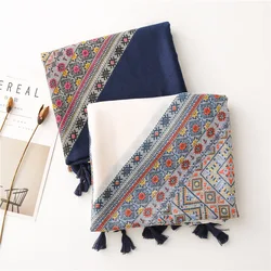 Bohe Style Plaid Print Women Scarf Retro Floral Pattern Fringed Shawl All-month Sunscreen Ethnic Scarves Female Foulard Bandana