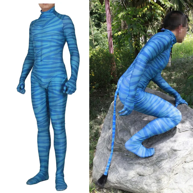 Movie Avatar 2 Jake Sully Neytiri cosplay jumpsuit spandex adult kids Halloween costume party Zenti tail fancy dress unisex