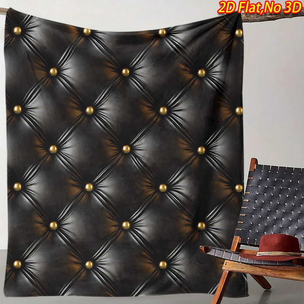 1pc 2D Flat Printing Spring & Summer New Arrival Black Rhombus with Golden Button Pattern Digital Print Blanket, Throw Blanket,