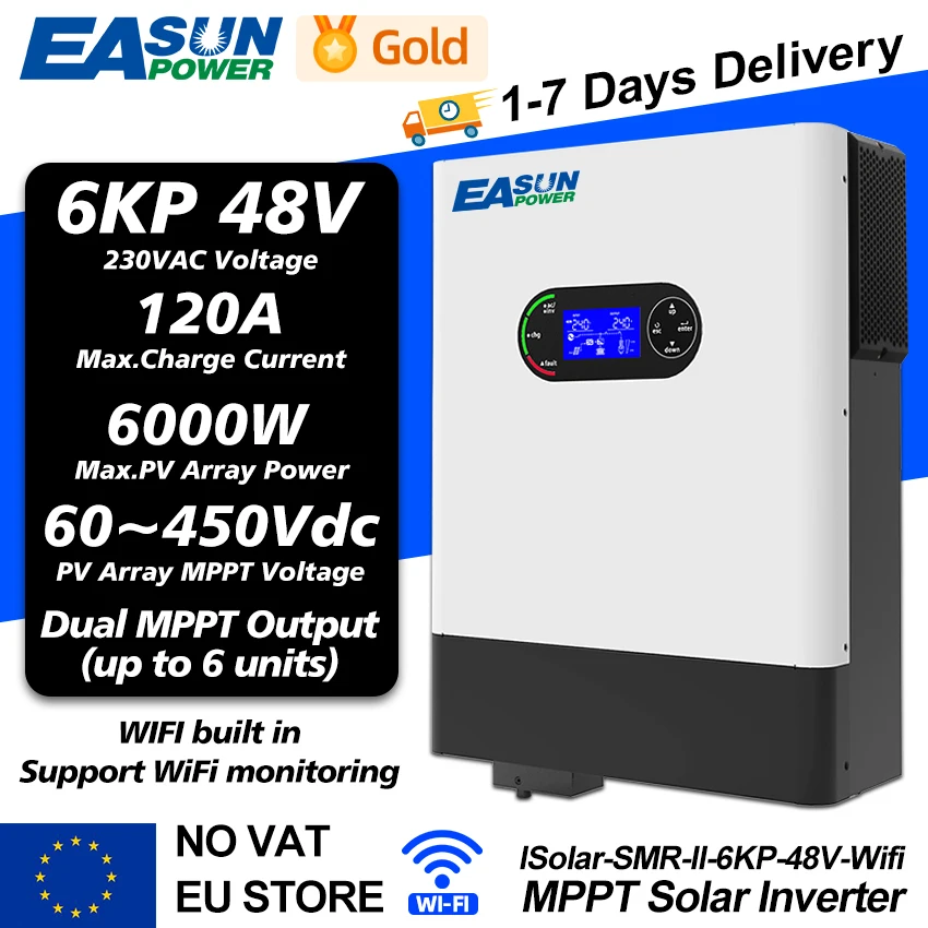 EASUN POWER 6KW Solar MPPT Inverter PV Input 60-450 VDC 48V On Grid Charger 120A Dual MPPT Output Parallel Function with Wifi