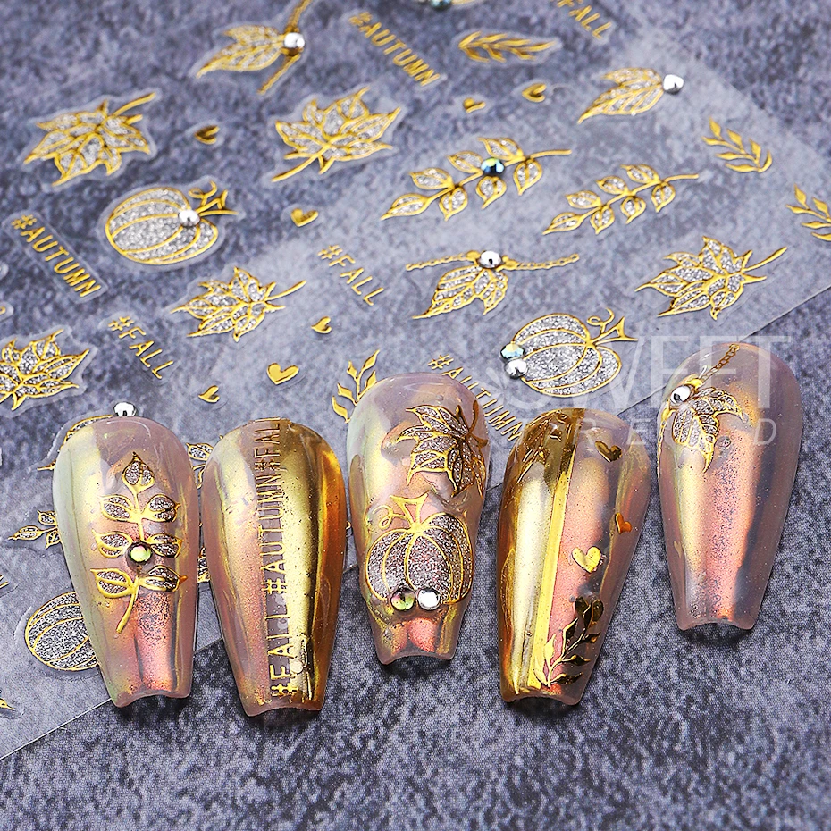 Autocollant pour ongles, feuilles d'érable citrouille d'automne, avec strass, ligne métallique, paillettes argentées, curseur, décoration de manucure, 2 pièces