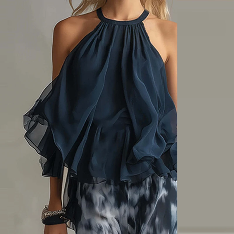 

Summer High Waist Long Pants Set Casual Chiffon Sleeveless Halter Tops&Printed Pants Set Elegant Vintage Women's Commute Outfits