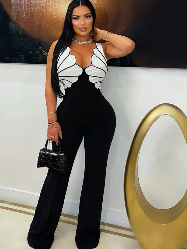 

Beyprern Sexy Women's Sleeveless V-Neck Wing Design Jumpsuit High Waist Wide Leg Pants Slim Fit Casual Party Clubwear
