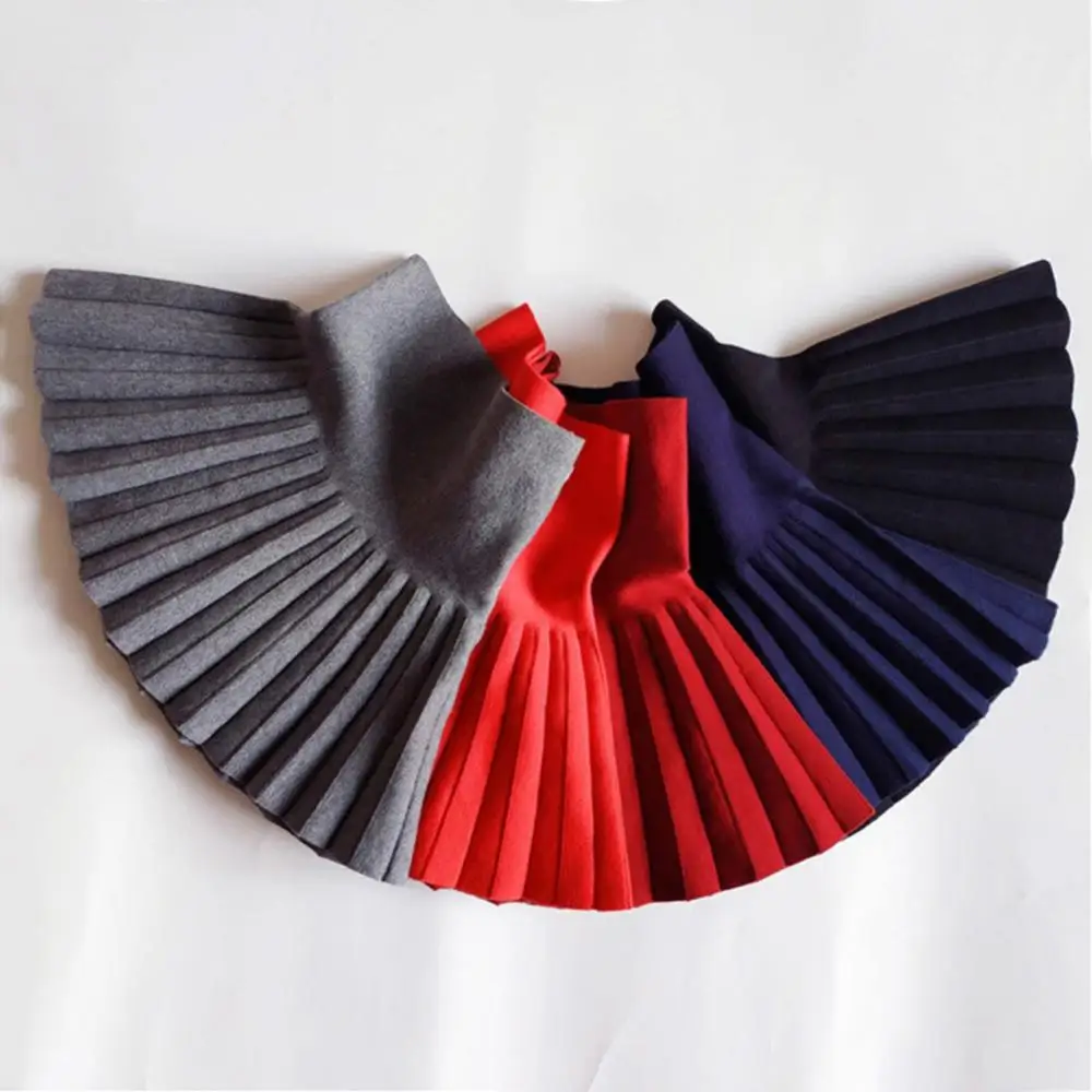 Pleated Skirt High Waist Solid Color Autumn Children School Girls Knit Bottoming