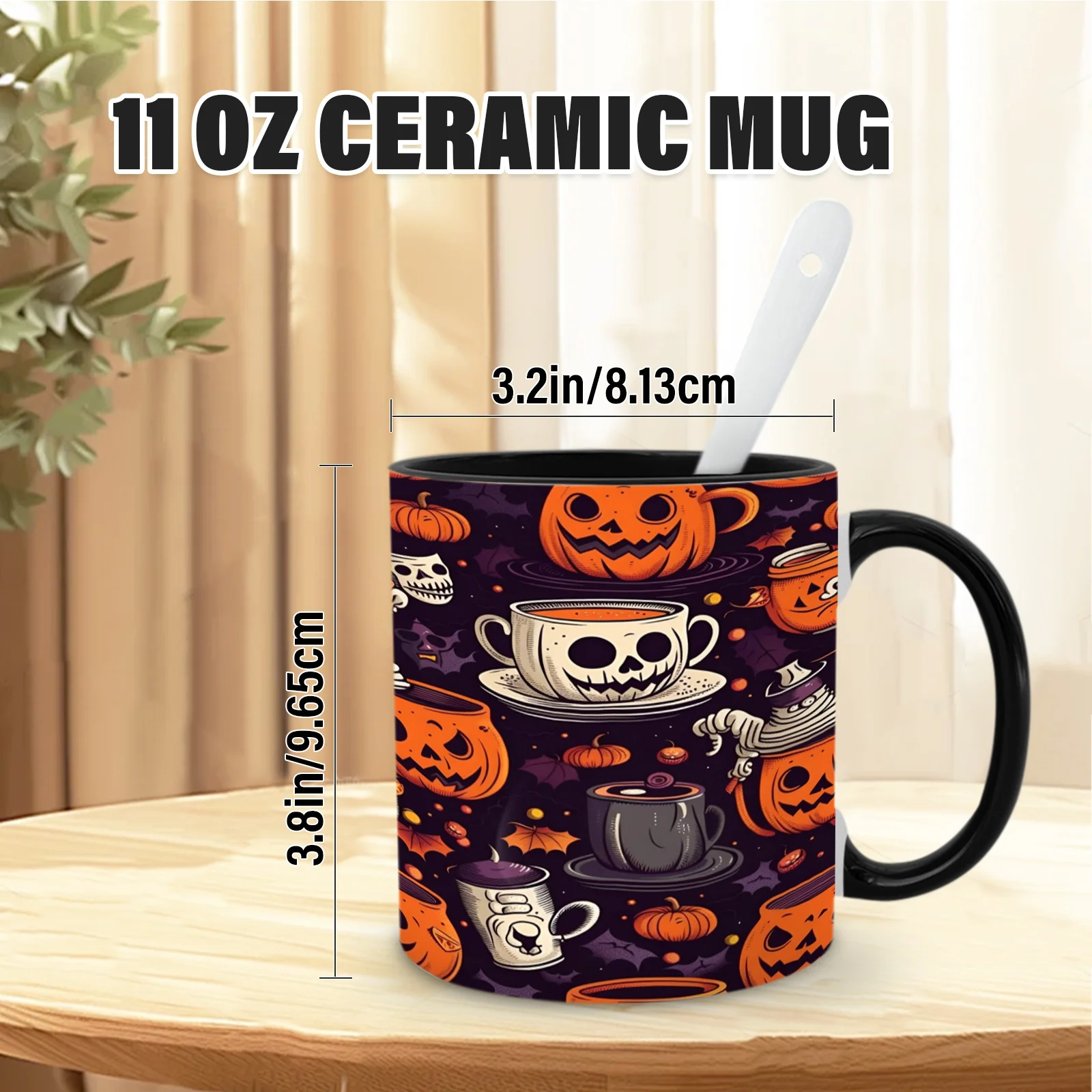 1pc 11Oz Halloween Skull Ceramic Mug with Spooky Jack-O'-Lantern And Bat Print - 11Oz Cup Suitable for Parties, Autumn Decor, Fall Gifts, Tea, And Gatherings