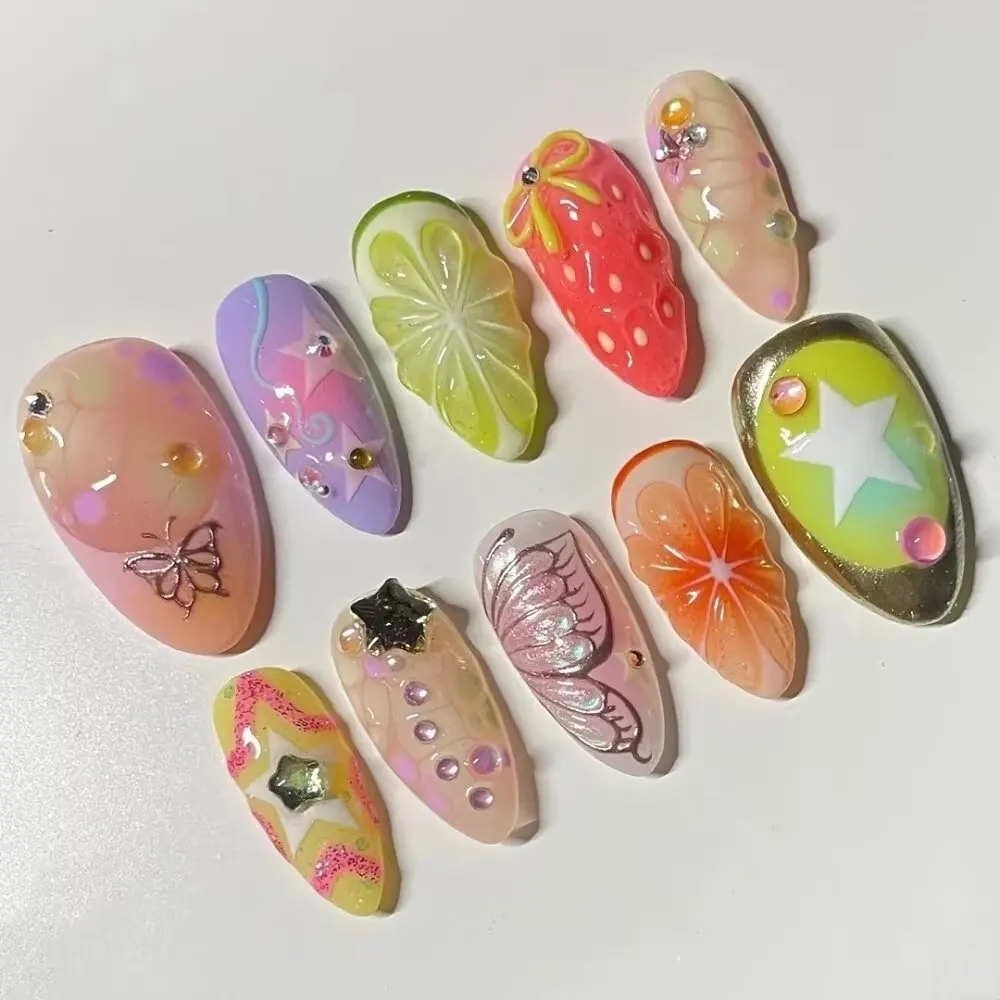 10Pcs Handmade Manicure Medium Almond Fake Nails Cute Ballet Limited Nails Press On Nails Design with Adhesive Nail File Set