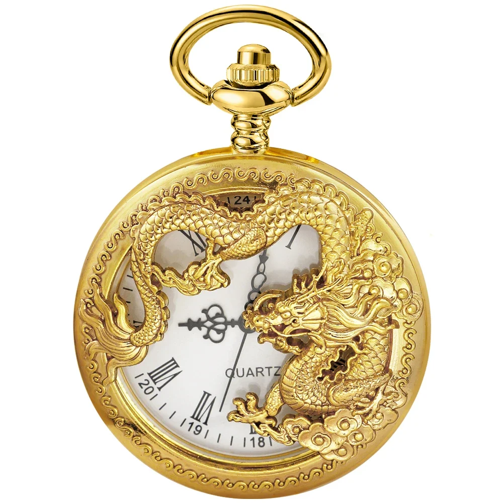 Luxury Golden Dragon Hollow Digital Quartz Pocket Watch Fashion Pendant Necklace Time Clock Men's and Women's Accessories Gifts