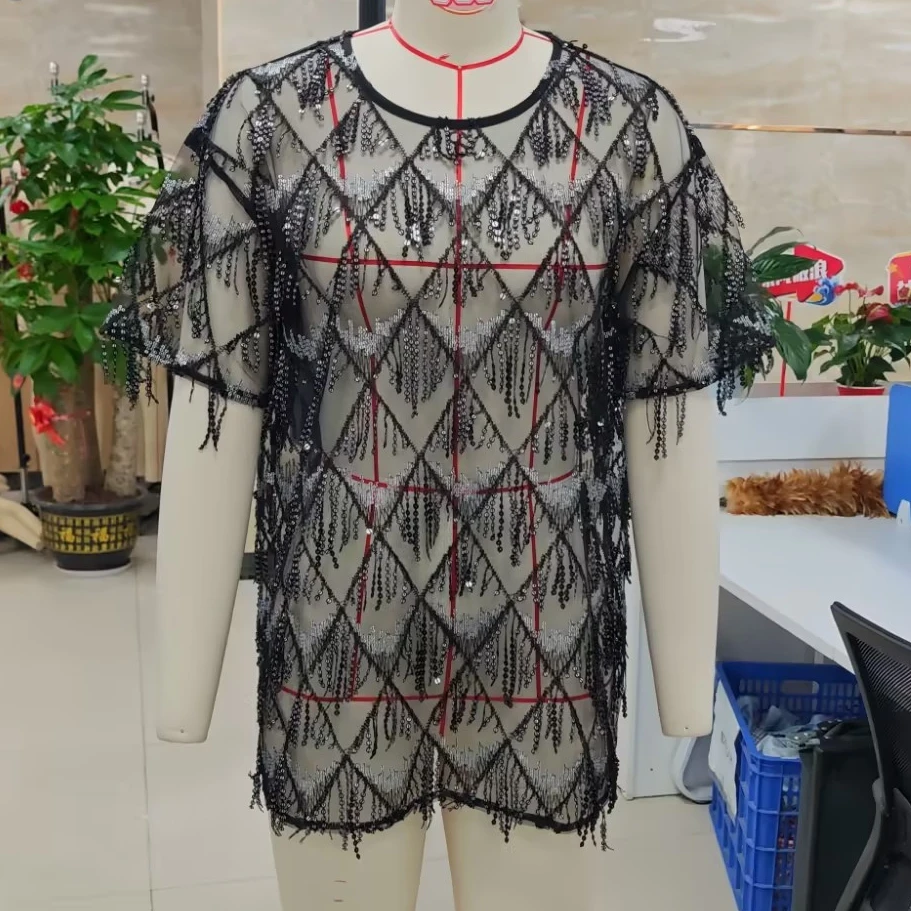 Retro Disco Black Sheer Mesh Sequin Fringe Short Sleeve T-Shirt Women Round Neck Loose Fit Party Tee Top