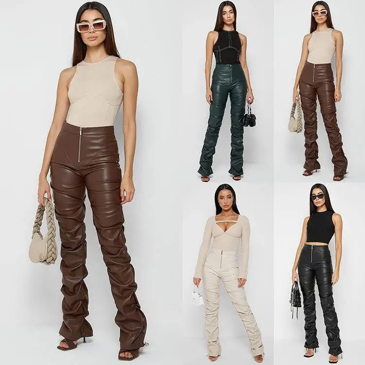 

Women's Tight Fit Leather Pants Foldable Slightly Casual Trousers Mid-Age l Waist PU Material Iron-Free Stitching