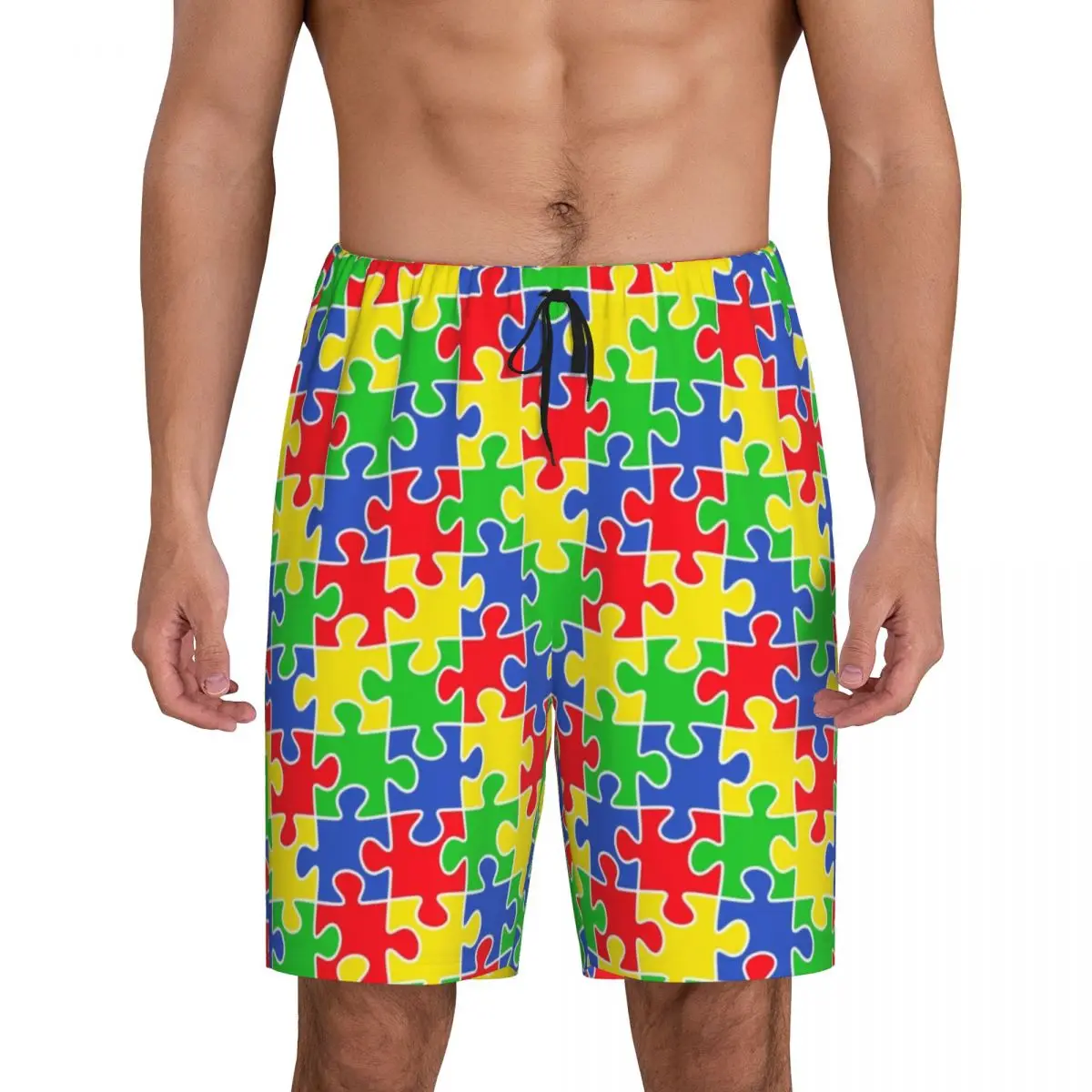 

Custom Colorful Puzzle Pieces Autism Awareness Pajama Bottoms Men Lounge Sleep Shorts Stretch Sleepwear Pjs with Pockets