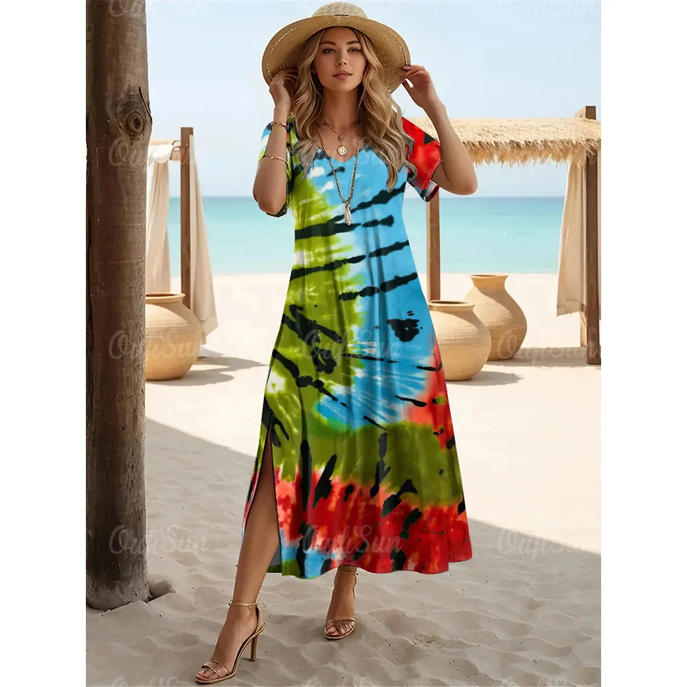 

Hawaii Die-dye Print Dresses For Women's Plus Size Female Elegant Dresses Summer Long Dresses Women's Clothing Free Shipping