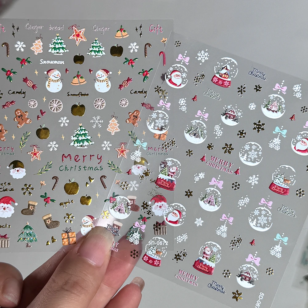 

2pcs Christmas Crystal Ball Nail Art Sticker 5D Cute Santa Claus White Snowflake Gold Apple Nail Decals Xmas New Year NailSlider
