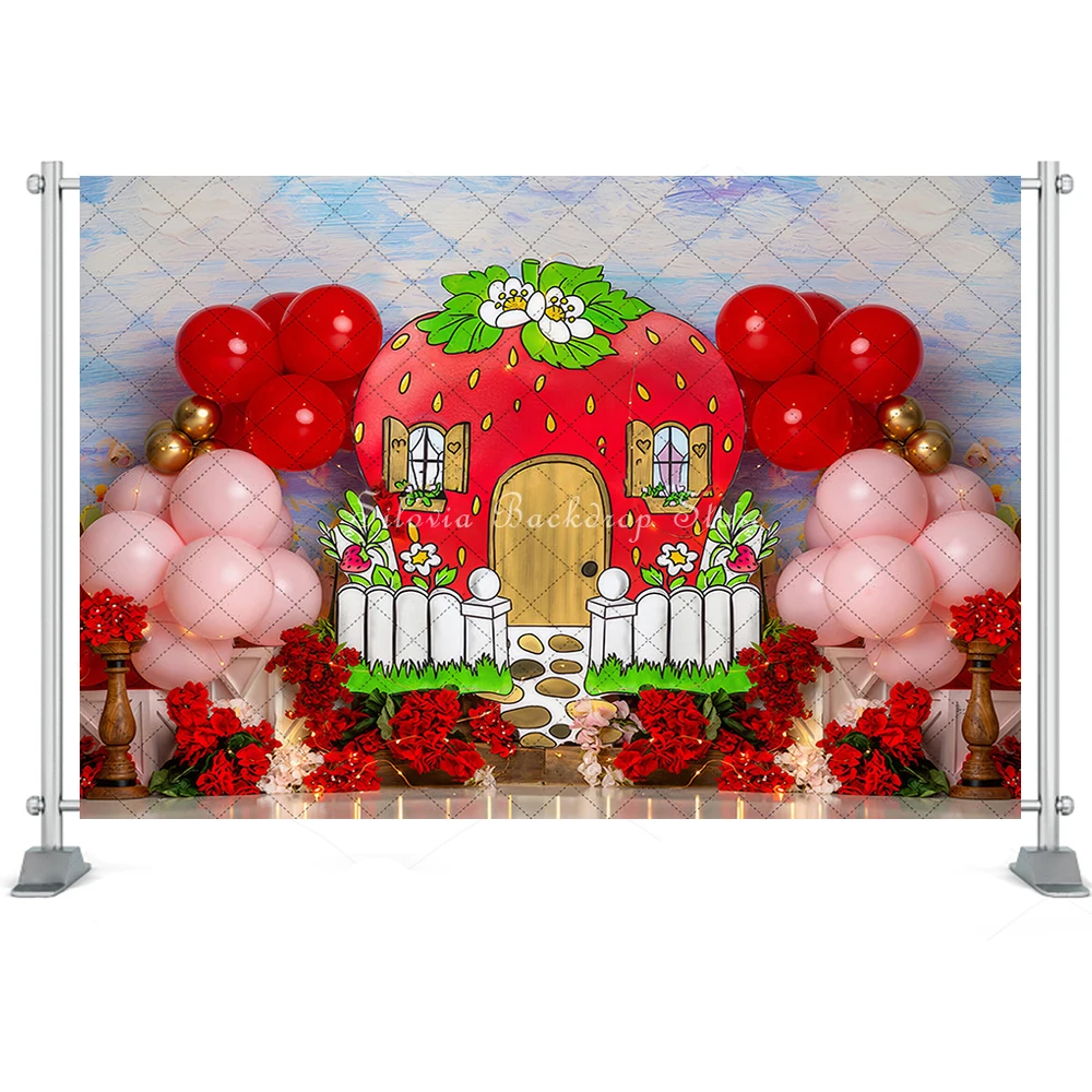 Berry First Birthday Cake Smash Photography Backdrop Red Strawberry House Photo Background Flowers Balloons Photo Studio Props