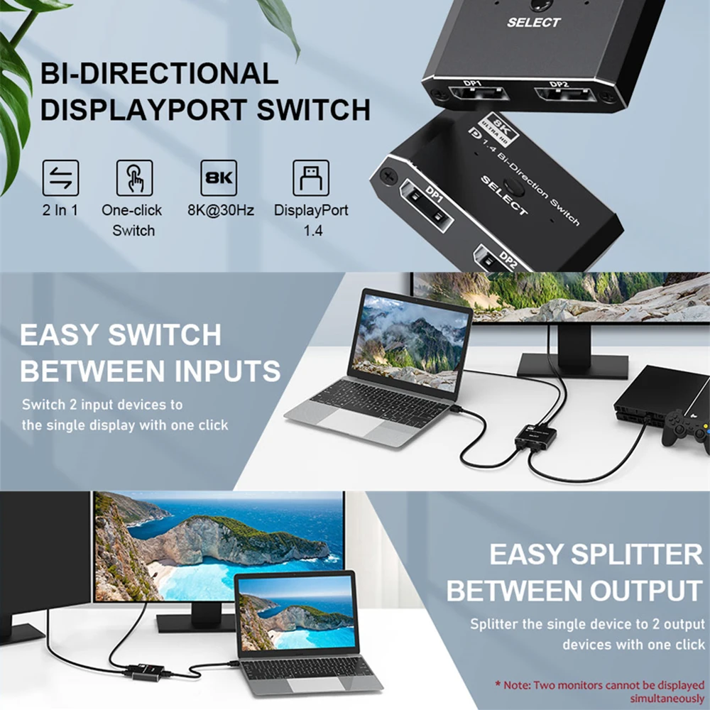 Przełącznik 1.4 Displayport 8K Displayport dwukierunkowy rozdzielacz Displayport KVM 2x1x2/1x2 wyświetlacz-port 8K @ 30Hz,4K @ 120Hz