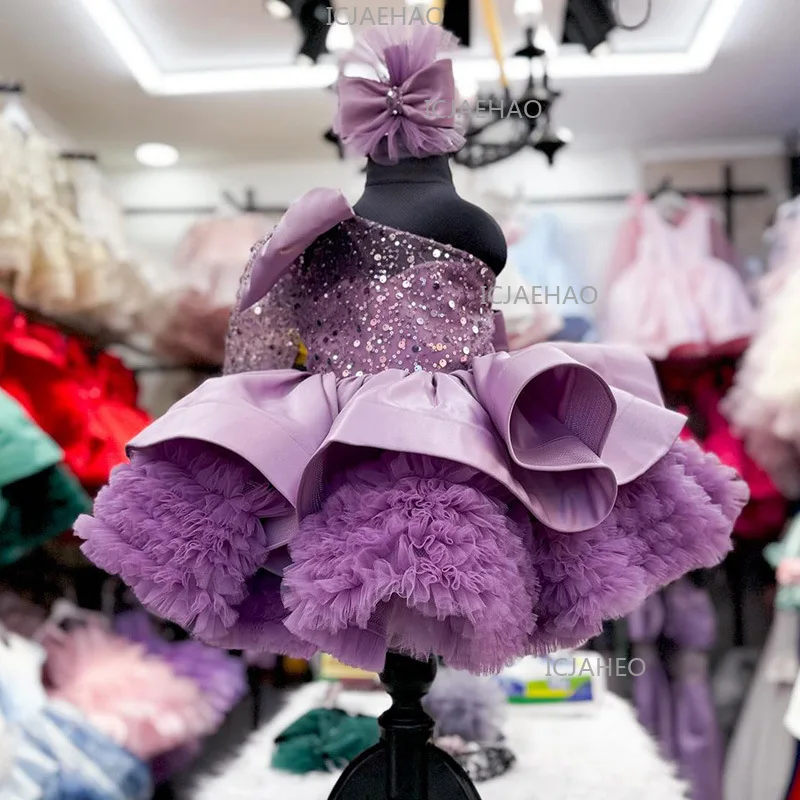 2026 Children Girls Formal One Shoulder Big Bow Long Sleeve PrincessSequin Tutu Gown Costume Dress Baby Kids First Birthday