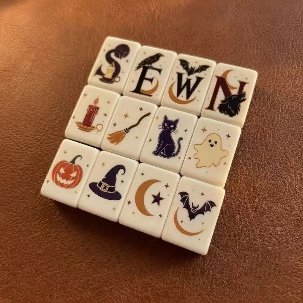 Halloween-themed American-style Mahjong Tiles Two-tone Design Featuring Pumpkins Owls Acrylic Hand-crafted Mahjong Set