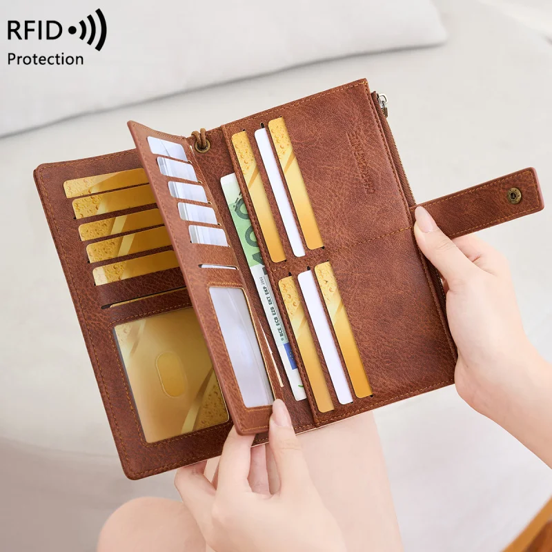 Western RFID Blocking PU Leather Long Women Wallet Multi Card Slots Three Floded Purse for Ladies